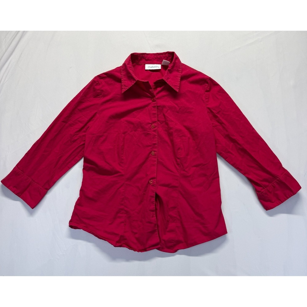 Chadwick's Shirt Womens Large Red Cotton Stretch 3/4 Sleeve Casual Button Up Top